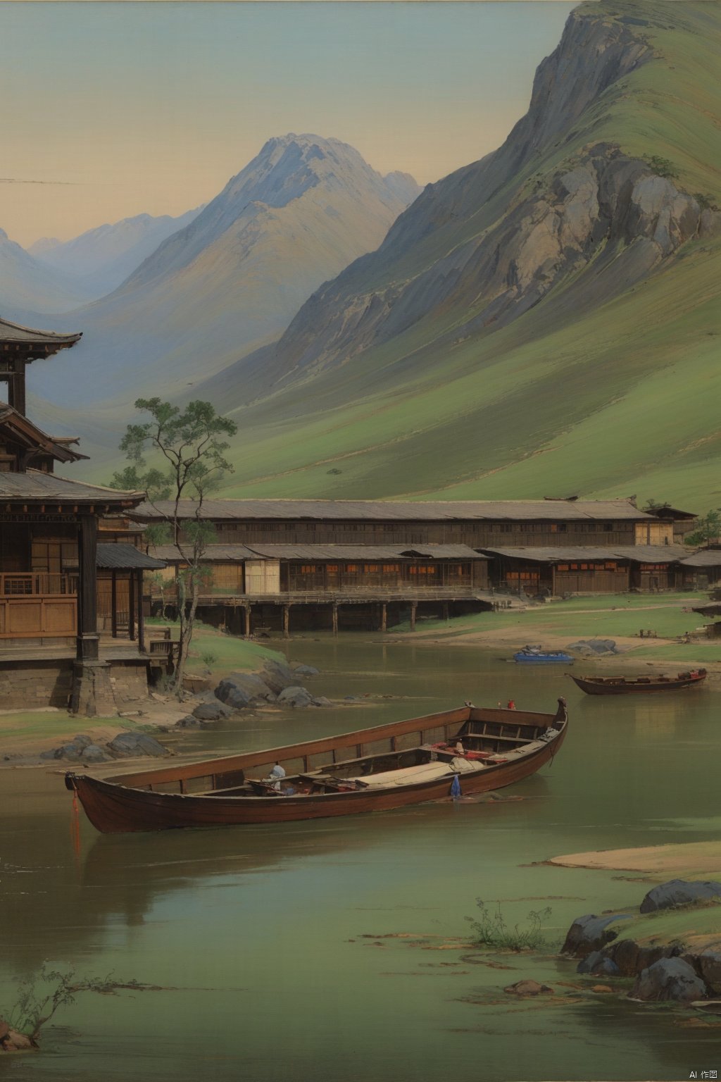 Chinese landscape painting,
ancient Chinese architecture,
mountains and rivers,
river,
plant,
Sky,
ancient wooden boat,
Thousands of Miles of Rivers and Mountains,
bridge