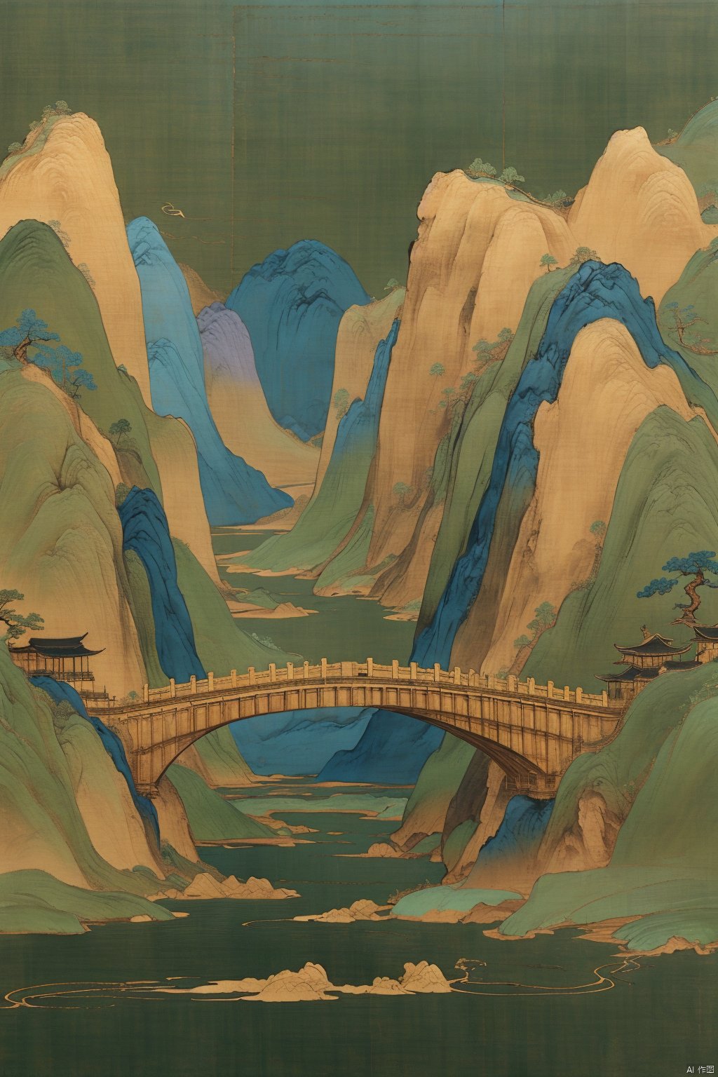 Chinese landscape painting,
ancient Chinese architecture,
mountains and rivers,
river,
plant,
Sky,
ancient wooden boat,
Thousands of Miles of Rivers and Mountains,
bridge