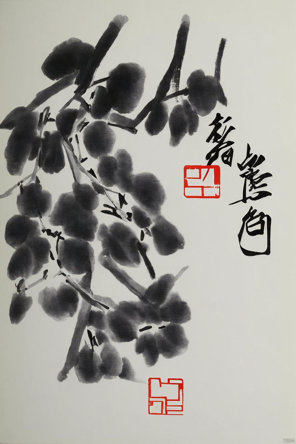 no humans,branch,two birds,chinese text,tree,animal focus,animal,monochrome,traditional media,the art of chinese calligraphy,orchid,brush strokes,traditional art,white background,asian culture,artistic seal,minimalistic,black and white,calligraphy,flora,paper texture,vertical composition,Chinese text,ink wash painting,traditional chinese painting, chinese Landscape painting