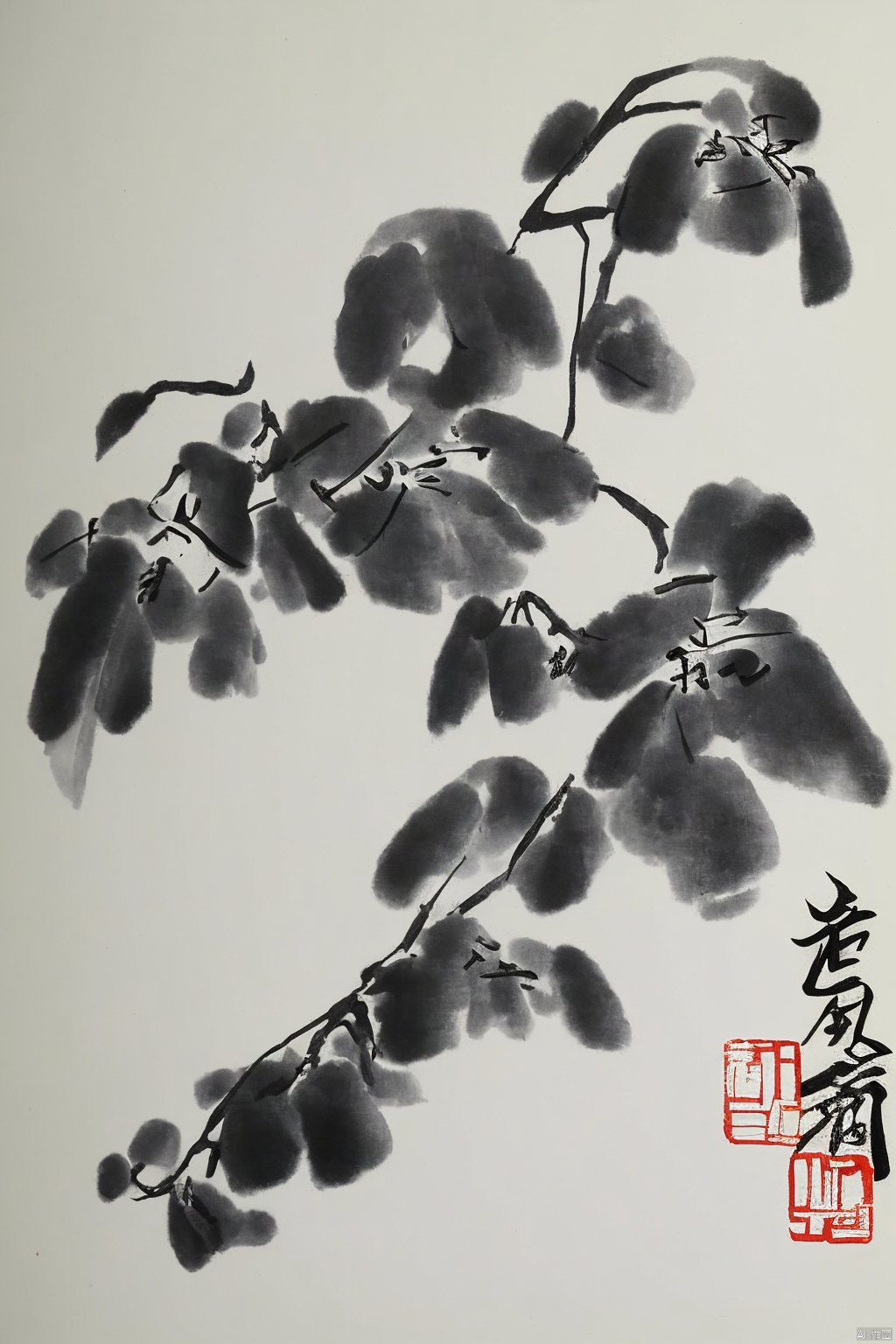 no humans,branch,two birds,chinese text,tree,animal focus,animal,monochrome,traditional media,the art of chinese calligraphy,orchid,brush strokes,traditional art,white background,asian culture,artistic seal,minimalistic,black and white,calligraphy,flora,paper texture,vertical composition,Chinese text,ink wash painting,traditional chinese painting, chinese Landscape painting