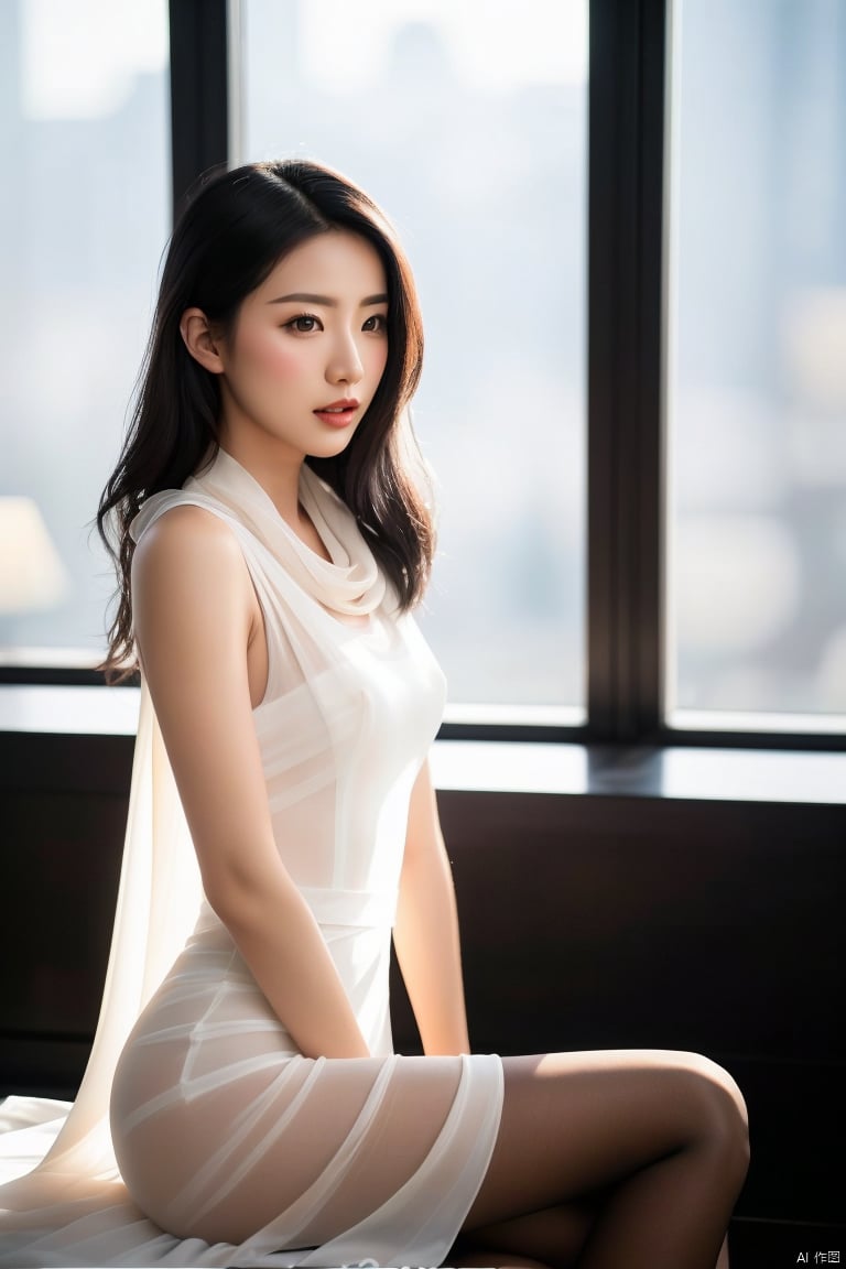  1girl,asian,solo,pretty,charming,exquisite facial features,very delicate skin,(dh dress),nude pantyhose,black hair,Silk scarves,sitting,(ambient light:1.3),(cinematic composition:1.3),Accent Lighting,Volumetric lighting,plns,blurry,(masterpiece, realistic, best quality, highly detailed, profession),dhkj,plns,karry,buo