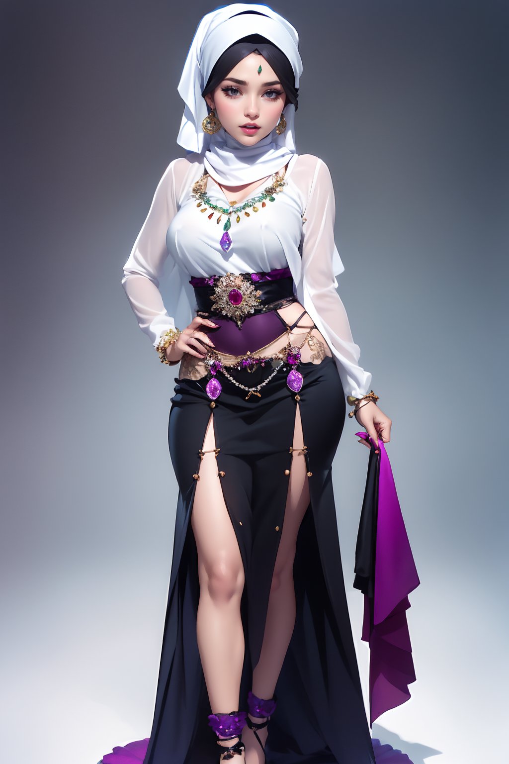 1girl,full body, solo,looking at viewer,jewelry,earrings,parted lips,teeth,necklace,blurry,lips,eyelashes,makeup,gem,portrait,realistic,hijab indonesia,na2