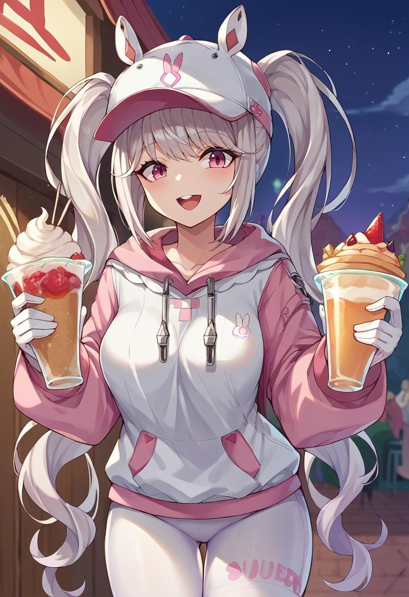 score_9,score_8_up,score_7_up,source_anime,alicebunny,twintails,long hair,grey hair,hat,pink eyes,hoodie,white leggings,white gloves,parfait,happy,front view,date,outdoors,night,festival,<lora:alice-nikke-richy-v1_pdxl:1>,