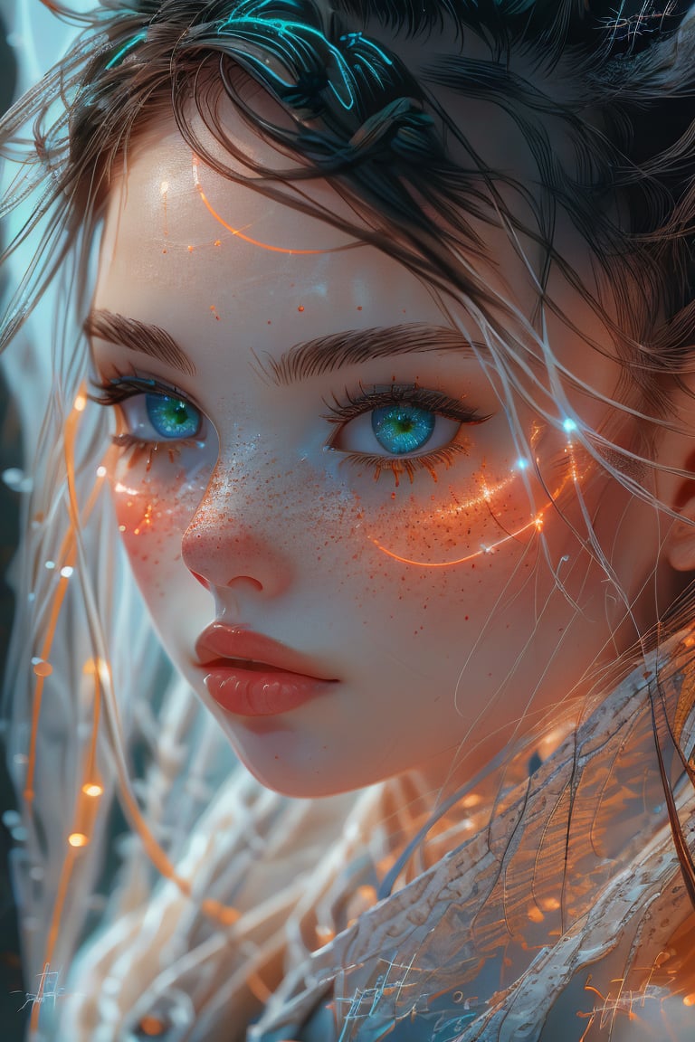 1girl, solo, long hair, looking at viewer, green eyes, parted lips, pointy ears, artist name, signature, blurry, lips, eyelashes, glowing, watermark, portrait, freckles, realistic, nose