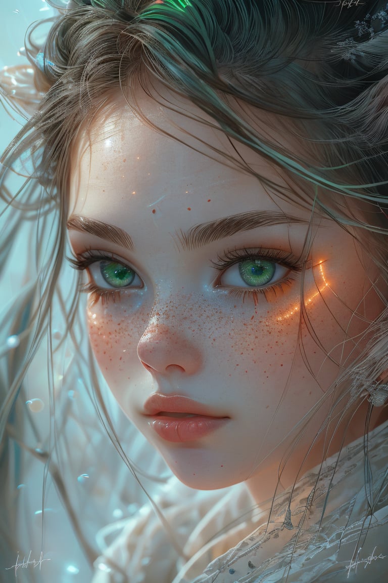 1girl, solo, long hair, looking at viewer, green eyes, parted lips, pointy ears, artist name, signature, blurry, lips, eyelashes, glowing, watermark, portrait, freckles, realistic, nose