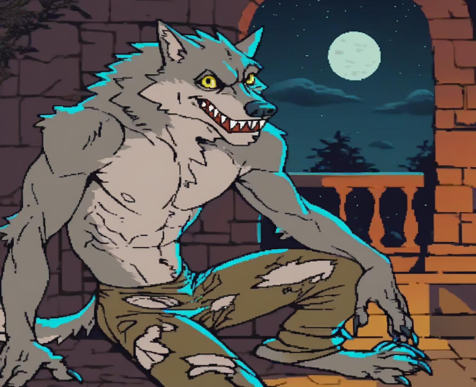 score_9, score_8_up, score_7_up, score_6_up, score_5_up, score_4_up, source_cartoon, indoors, 2D, flat shading, flat color, jaggy lines, solo, 1boy, outdoors, night, moonlight, full moon, werewolf, anthro, canid, torn clothes, torn legwear, shirtless, fur, furry, sharp teeth, looking at viewer, yellow eyes <lora:cdi_pdxl_:1> 