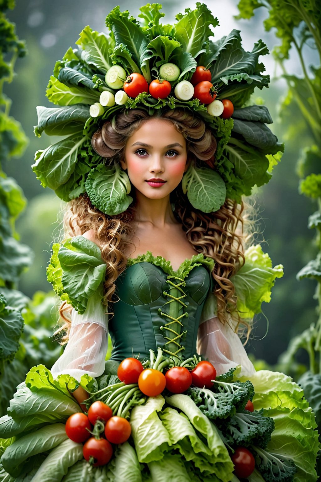 A princess made entirely of vegetables, her gown a vibrant array of lettuce, carrots, and tomatoes. Her hair, a cascade of curly kale, adorned with a crown of radishes and cucumbers. She stands tall and regal, her eyes bright with the colors of her vegetable kingdom. This vegetable princess radiates freshness and health, a whimsical and unique creation of nature's bounty.