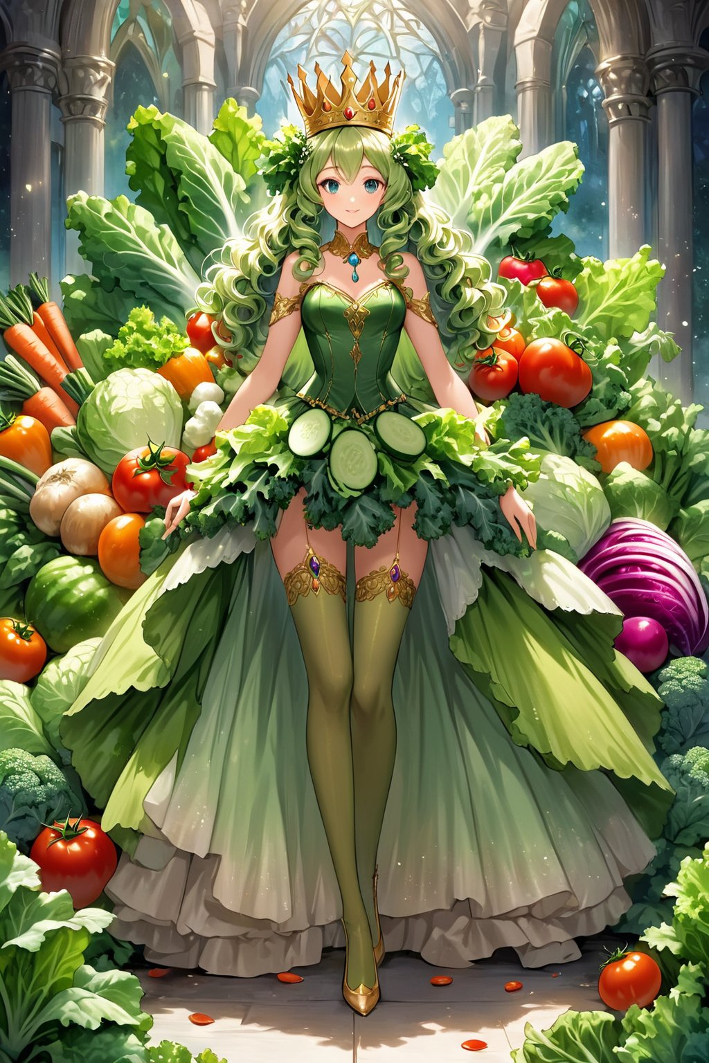 A princess made entirely of vegetables, her gown a vibrant array of lettuce, carrots, and tomatoes. Her hair, a cascade of curly kale, adorned with a crown of radishes and cucumbers. She stands tall and regal, her eyes bright with the colors of her vegetable kingdom. This vegetable princess radiates freshness and health, a whimsical and unique creation of nature's bounty.