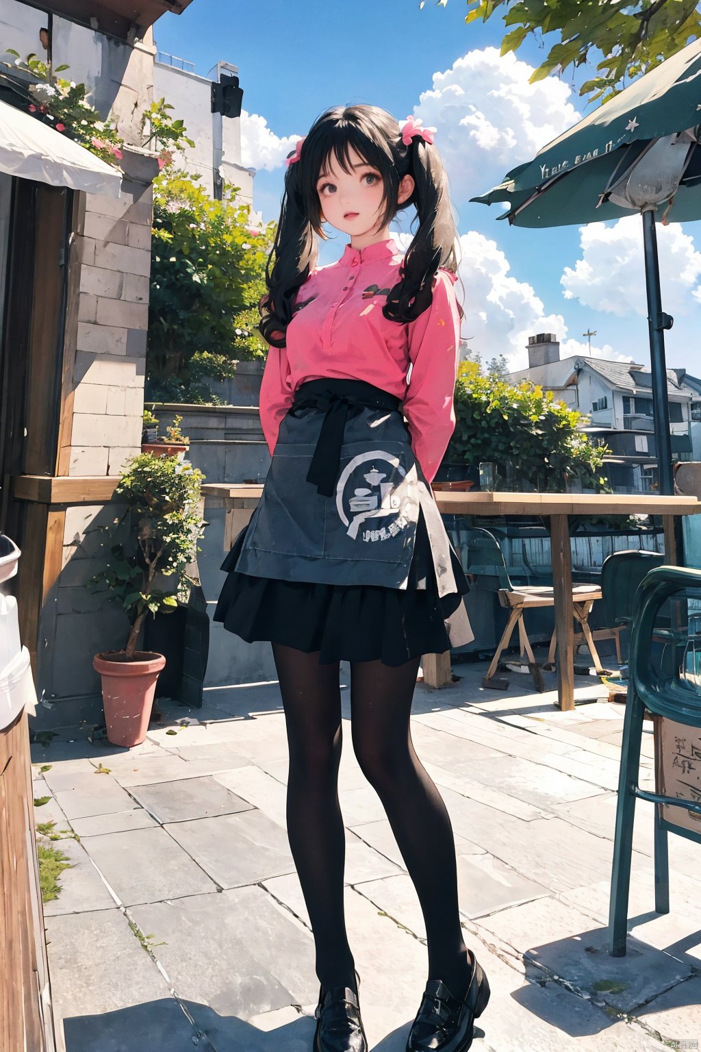  masterpiece,best quality,realistic,1girl, solo, long_hair, skirt, shirt, black_hair, long_sleeves, twintails, standing, full_body, pantyhose, shoes, black_skirt, black_footwear, apron, black_pantyhose, arms_behind_back, pink_shirt, 
outdoors,flowers,tree,cloud,day