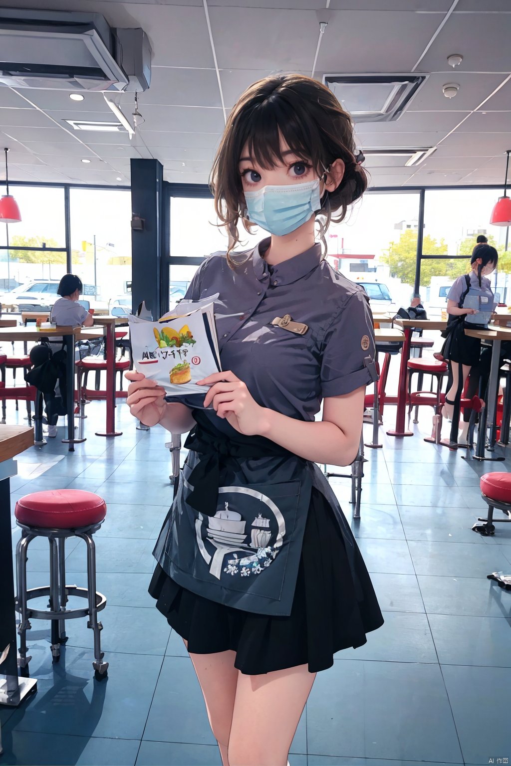  masterpiece,best quality,realistic,1girl, solo, looking at viewer, bangs, skirt, brown hair, shirt, black hair, holding, standing, short sleeves, food, collared shirt, indoors, black skirt, uniform, black eyes, apron, mask, chair, table, pink shirt, mouth mask, tiles, waitress, tile floor, employee uniform, shop, ceiling, restaurant, menu