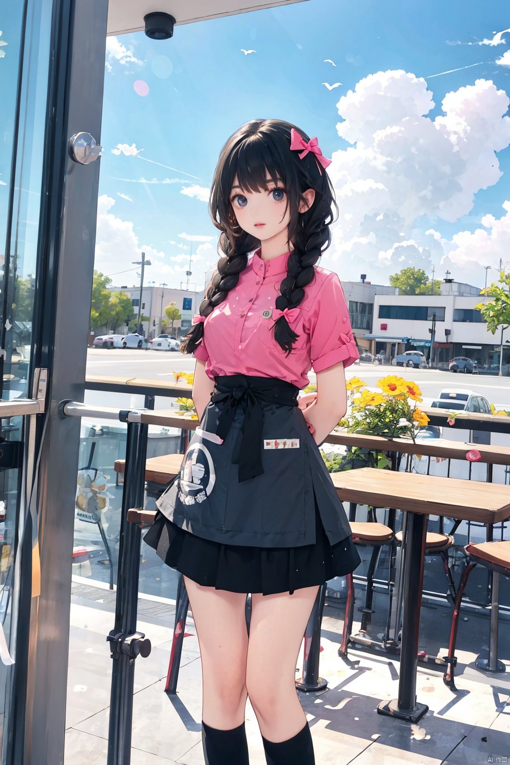  masterpiece,best quality,1girl, solo, long hair, looking at viewer, bangs, skirt, shirt, black hair, bow, standing, braid, short sleeves, hair bow, socks, black skirt, uniform, black eyes, twin braids, kneehighs, black socks, pink shirt, waitress, badge, employee uniform, arms behind back,
outdoors,flowers,tree,cloud,day