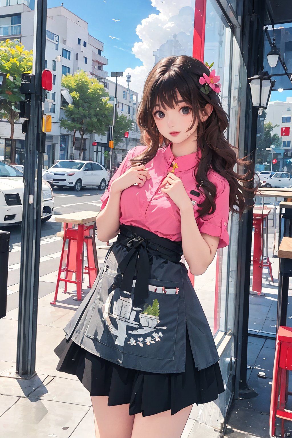  masterpiece,best quality,realistic,1girl, solo, looking at viewer, bangs, skirt, brown hair, shirt, black hair, standing, short sleeves, collared shirt, black skirt, uniform, black eyes, apron, pink shirt, waitress,  employee uniform,outdoors,flowers,tree,cloud,day