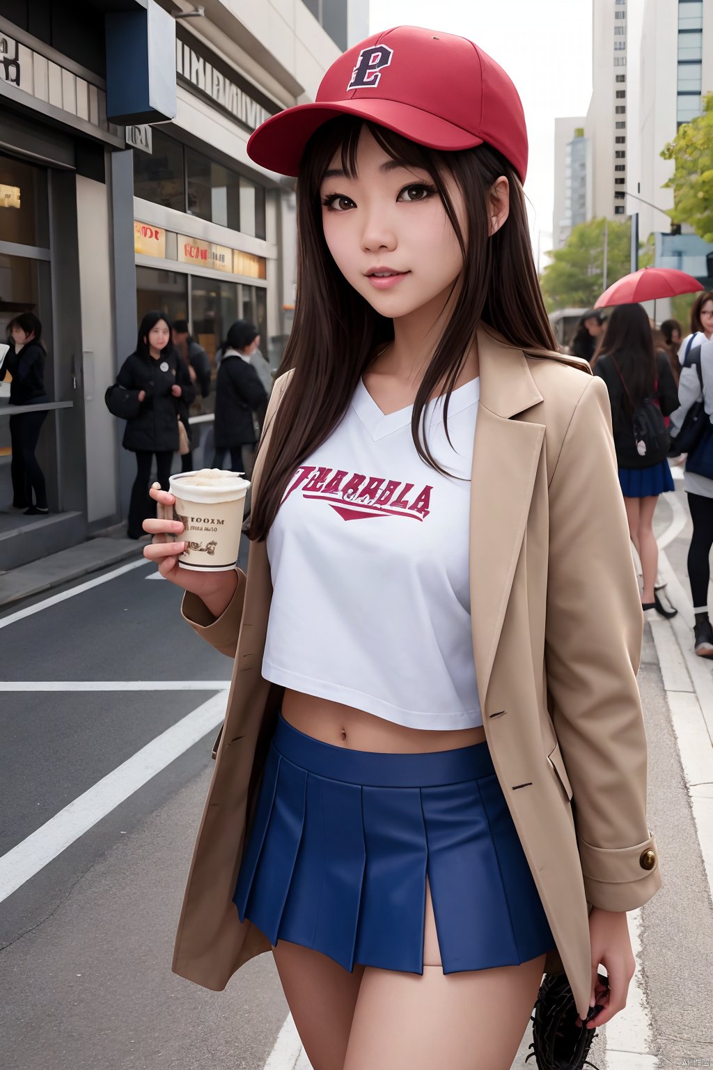  A beautiful high school girl with long hair flying,baseball cap,short brown hair and red coat,wearing high school uniform,blue mini skirt and milk tea,stood on the street,observing the surrounding people with detailed details,detailed facial features,detailed pupil,detailed hair,artist Hojo Tsukasa,