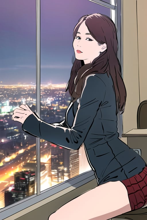 1girl,Study room at night, sitting in front of the desk, warm light, the night view of the city outside the window,YunQiuStyleColor,lineart