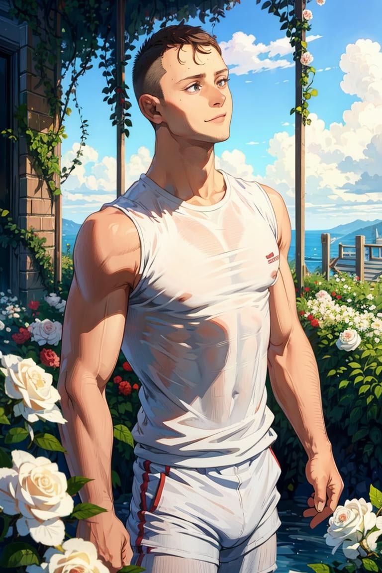 (masterpiece, best quality:1.2), man, solo, 1boy, smirk, short hair, medium shot,((white t-shirt)) ,(bara, muscular, sleeveless shirt),view from above, garden of roses, romantic, (depth of field:1.1), , photo of, standing, view from below, sweaty skin, masterpiece, highness, perfect face, perfect picture, detailed eyes, sharp focus, detailed view, ,Highly detailed<lora:EMS-343525-EMS:1.000000>