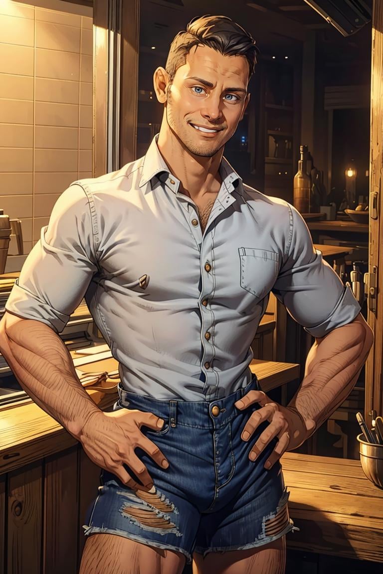 photo of person, man, smiling, ,((dress shirt)), denim shorts, looking to viewer, slim, hairy chest, smirk,, cinematic lighting, detailed face, detailed eyes, masterpiece, high_res, ((cowboy shot )), perfect face<lora:EMS-343525-EMS:0.940000>