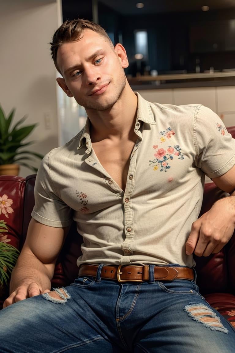 (masterpiece, best quality:1.2), man,solo, 1boy, , (depth of field:1.1), photo of man, smirk, floral shirt, denim jeans,, sitting on couch, spread legs, symmetrical body, , ,cowboy shot, , masterpiece, highness, perfect face, perfect picture, detailed eyes, sharp focus,High detailed view,photorealistic<lora:EMS-75454-EMS:0.800000>, <lora:EMS-343525-EMS:1.000000>