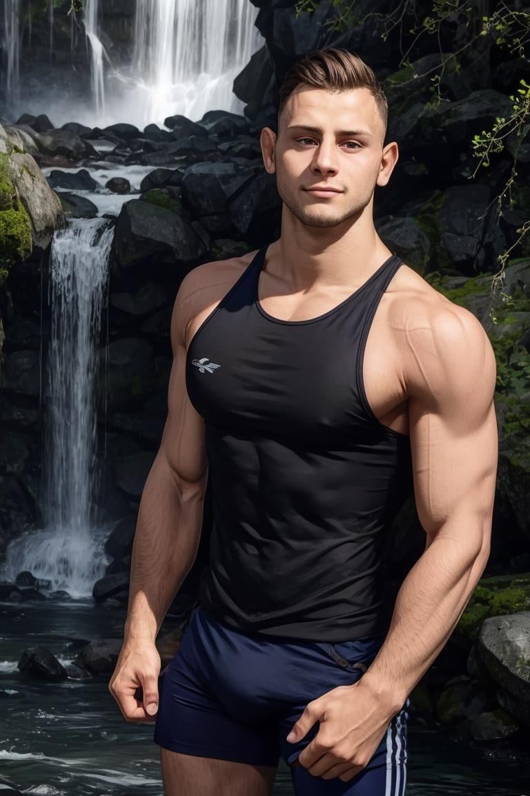 (masterpiece, best quality:1.2), man, solo, 1boy, smirk, short hair, medium shot, ((bara, muscular, sleeveless shirt)), waterfall, hands behind head, inside river, wet skin, pants, park (depth of field:1.1), , photo of, standing, view from below, sweaty skin, masterpiece, highness, perfect face, perfect picture, detailed eyes, sharp focus, detailed view, ,Highly detailed<lora:EMS-343525-EMS:1.000000>