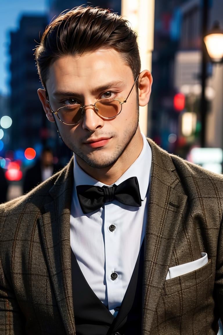 (masterpiece, best quality:1.2), man, stubble, smirk, (depth of field:1.1), , photo of person, tweed jacket, sunglasses, stubble, dress shirt, (((medium shot))), at the city, night, masterpiece, highness, perfect face, perfect picture, detailed eyes, sharp focus, muscular,High detailed view<lora:EMS-343525-EMS:0.920000>