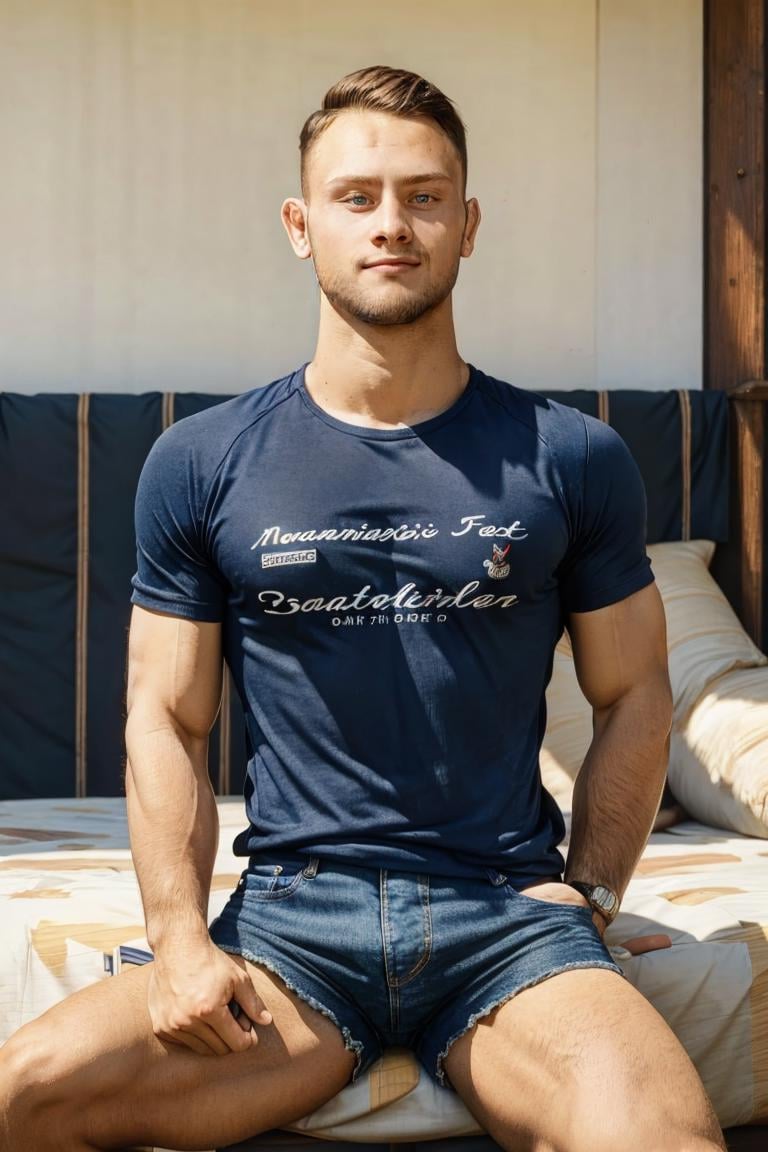 (masterpiece, best quality:1.2), smirk, medium hair, (muscular, depth of field:1.1), photo of person, medium shot, beard, t-shirt, denim shorts,, portrait, masterpiece, highness, perfect face, perfect picture, detailed eyes ,sharp focus, at the bed, sitting<lora:EMS-343525-EMS:1.000000>