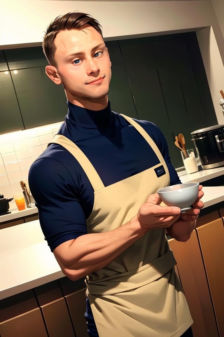 (masterpiece, best quality:1.2), man, smirk, (depth of field:1.1), photo of person, turtleneck shirt, apron, bara, kitchen,((medium shot)), holding cup of water, masterpiece, highness, perfect face, perfect picture, detailed eyes, sharp focus,High detailed view<lora:EMS-343525-EMS:1.000000>