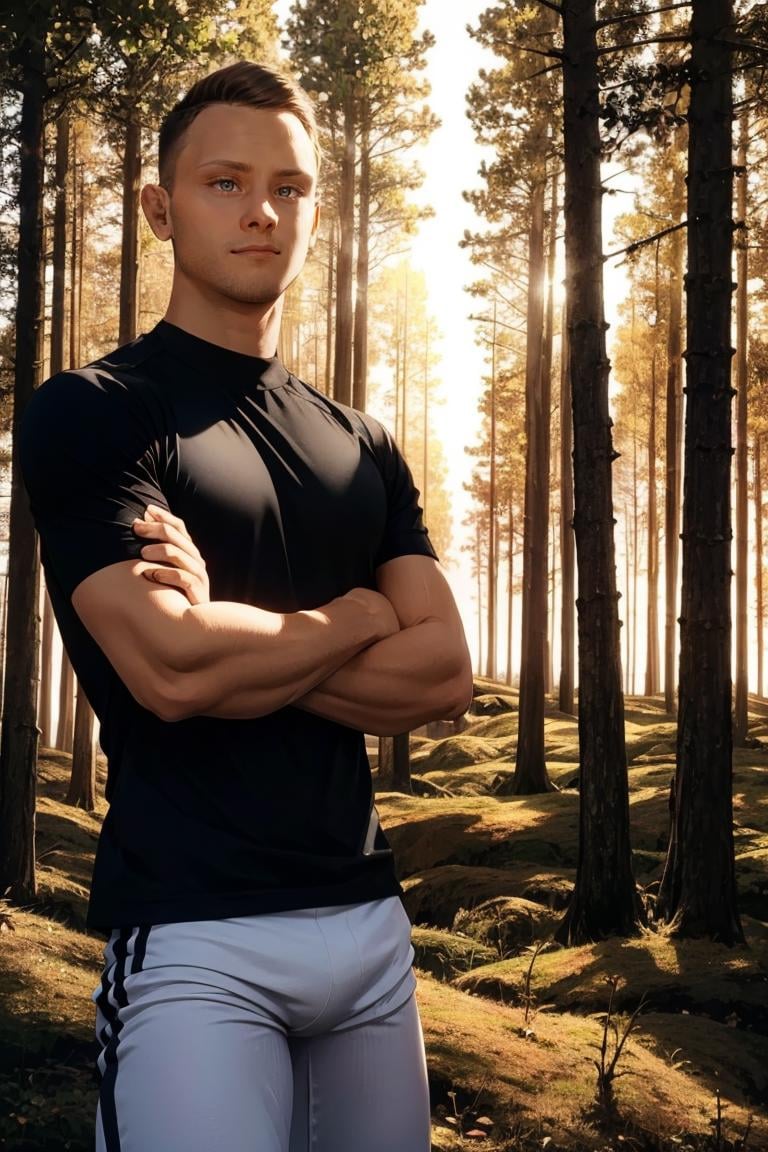 photo of person, man, male, black shirt, looking to viewer, full body, white pants, serious, on the forest, sunset, crossed arms, smirk:1.4,cinematic lighting, detailed face, detailed eyes, masterpiece, high_res, perfect face, , High detailed<lora:EMS-343525-EMS:1.000000>