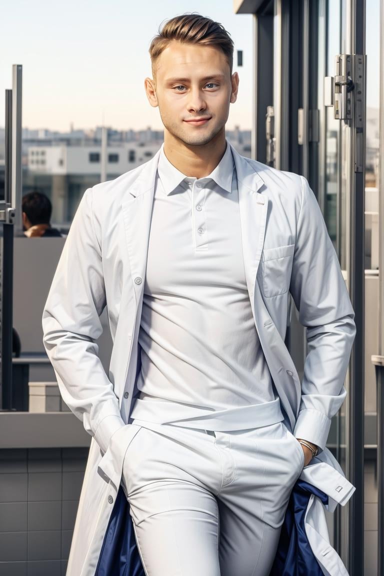 (masterpiece, best quality:1.2), man,solo, 1boy, smirk, (depth of field:1.1), , photo of man, doctor, at the hospital, labcoat, dress shirt, white shorts, masterpiece, perfect face, perfect picture, detailed eyes, sharp focus, highly detailed<lora:EMS-343525-EMS:1.000000>