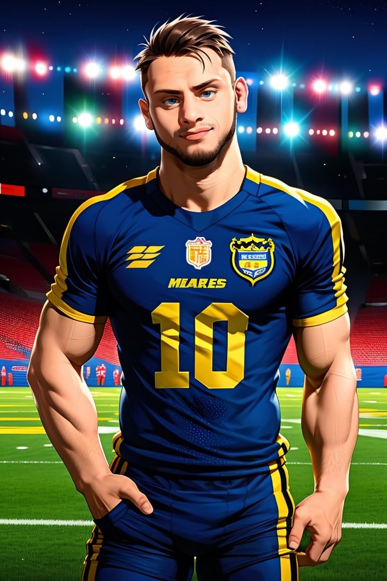 (masterpiece, best quality:1.2), man, football jersey, facial hair, messy hair, smirk, football pants, football player, (((medium shot))) ,stadium, night, masterpiece, highness, perfect face, perfect picture, detailed eyes, sharp focus, muscular,High detailed view<lora:EMS-343525-EMS:1.000000>