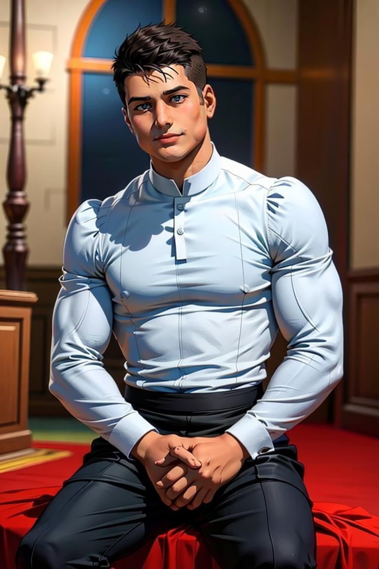 (muscular male, masterpiece, best quality:1.2), man, smirk, (depth of field:1.1), photo of person, priest clothes, (medium shot), sitting, at the church, masterpiece, highness, perfect face, perfect picture, detailed eyes, sharp focus,High detailed view<lora:EMS-345098-EMS:1.000000>