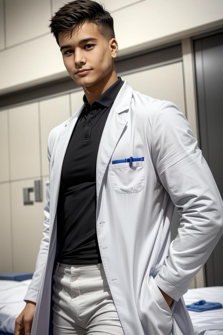 (masterpiece, best quality:1.2), man,solo, 1boy, smirk, (depth of field:1.1), , photo of man, doctor, at the hospital, labcoat, dress shirt, white shorts, masterpiece, perfect face, perfect picture, detailed eyes, sharp focus, highly detailed<lora:EMS-345098-EMS:0.920000>