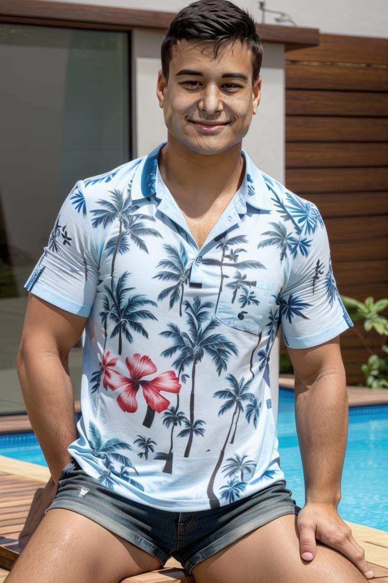 (masterpiece, best quality:1.2), man, facial hair, solo, , smirk, (depth of field:1.1), , photo of man, ((Hawaiian  shirt)), smiling, short hair,, denim shorts, sitting, poolside, white shorts, masterpiece, perfect face, perfect picture, detailed eyes, sharp focus<lora:EMS-345098-EMS:1.000000>