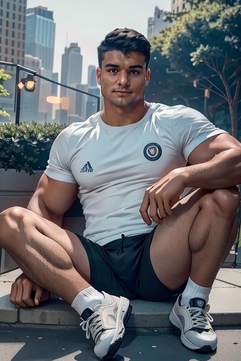 photo of person, man, smirk, city, sitting, Central park, t-shirt, shorts, (muscular, thick legs:0.6), socks, sneakers, looking to viewer, cinematic lighting, detailed face, detailed eyes, masterpiece, high_res, perfect face,firefliesfireflies,High detailed ,(motion sex),(MkmCut), symmetrical eyes<lora:EMS-345098-EMS:0.900000>, <lora:EMS-54487-EMS:0.900000>