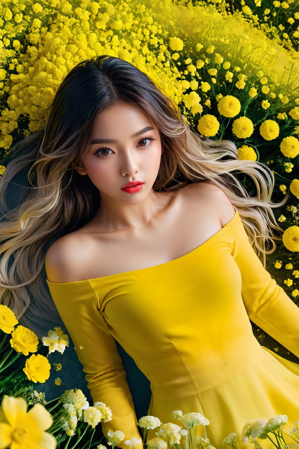  1 girl,(gradient hair:1.4) , gradient clothes,(rape flower) , sea of flowers, white transparent skin, seen from above,using lots of yellow flowers, soft light, masterpiece, best quality, 8K, HDR, flowers, gradient, Z03C