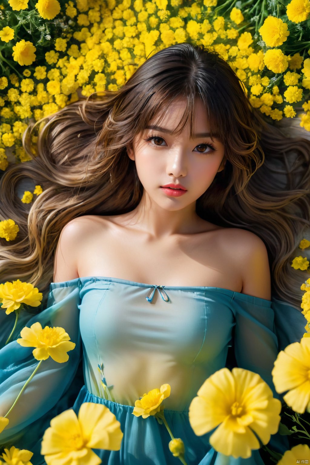  1 girl,(gradient hair:1.4) , gradient clothes,(rape flower) , sea of flowers, white transparent skin, seen from above,using lots of yellow flowers, soft light, masterpiece, best quality, 8K, HDR, flowers, gradient, Z03C