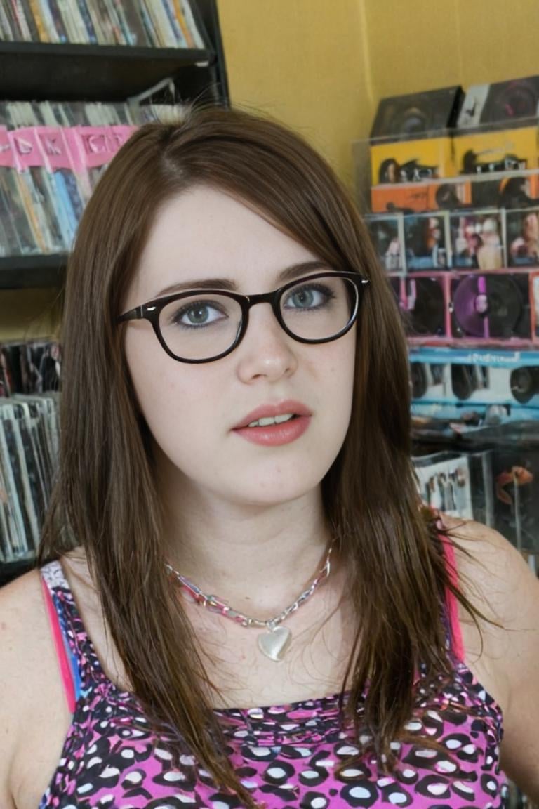 A Emo teenager in summer in a music vinyl shop,  teen glasses,  frecklesv1 by KimHose on Tensor.Art
