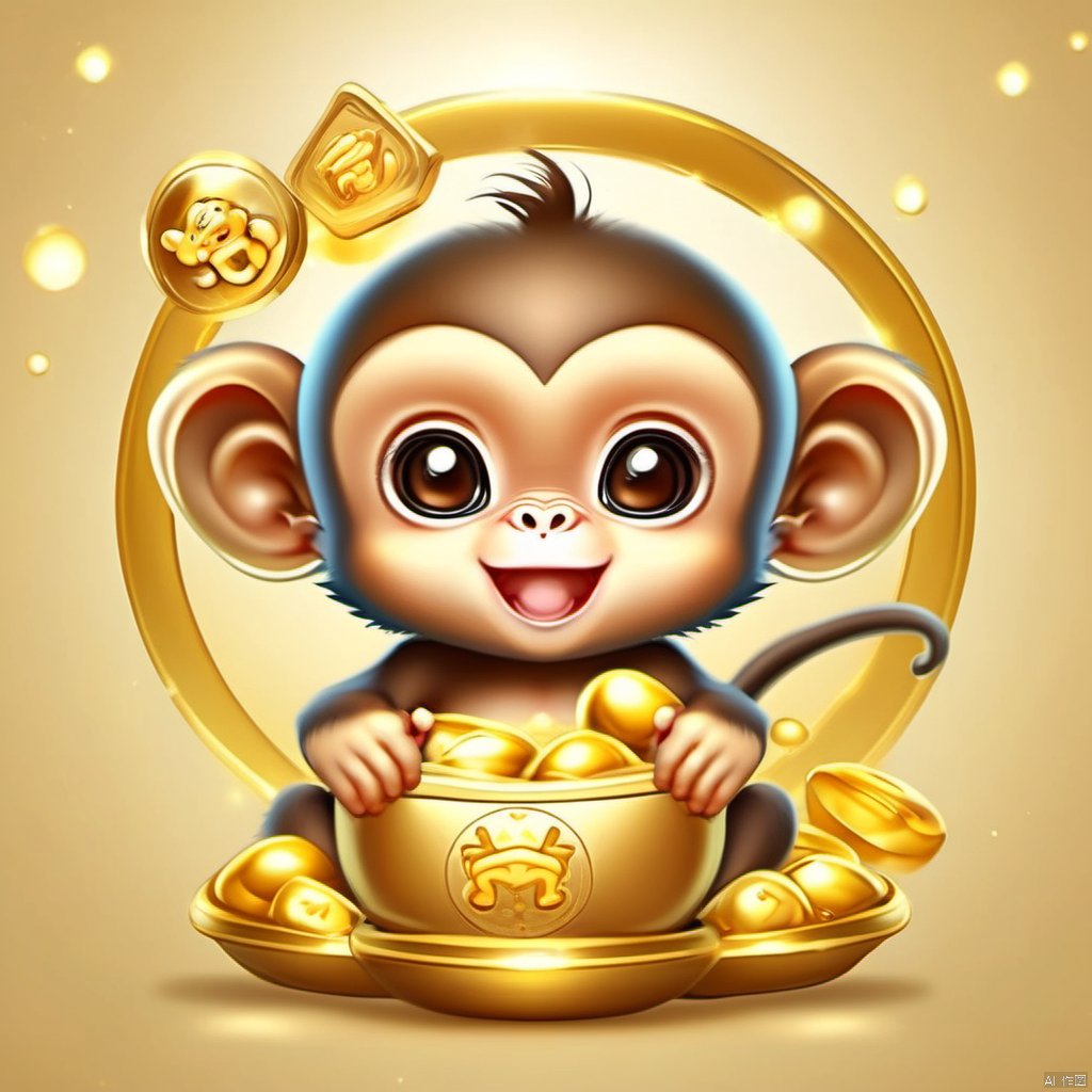 Cartoon version,  cute beckoning monkey baby,  zodiac by 新月照澄湾 on Tensor.Art