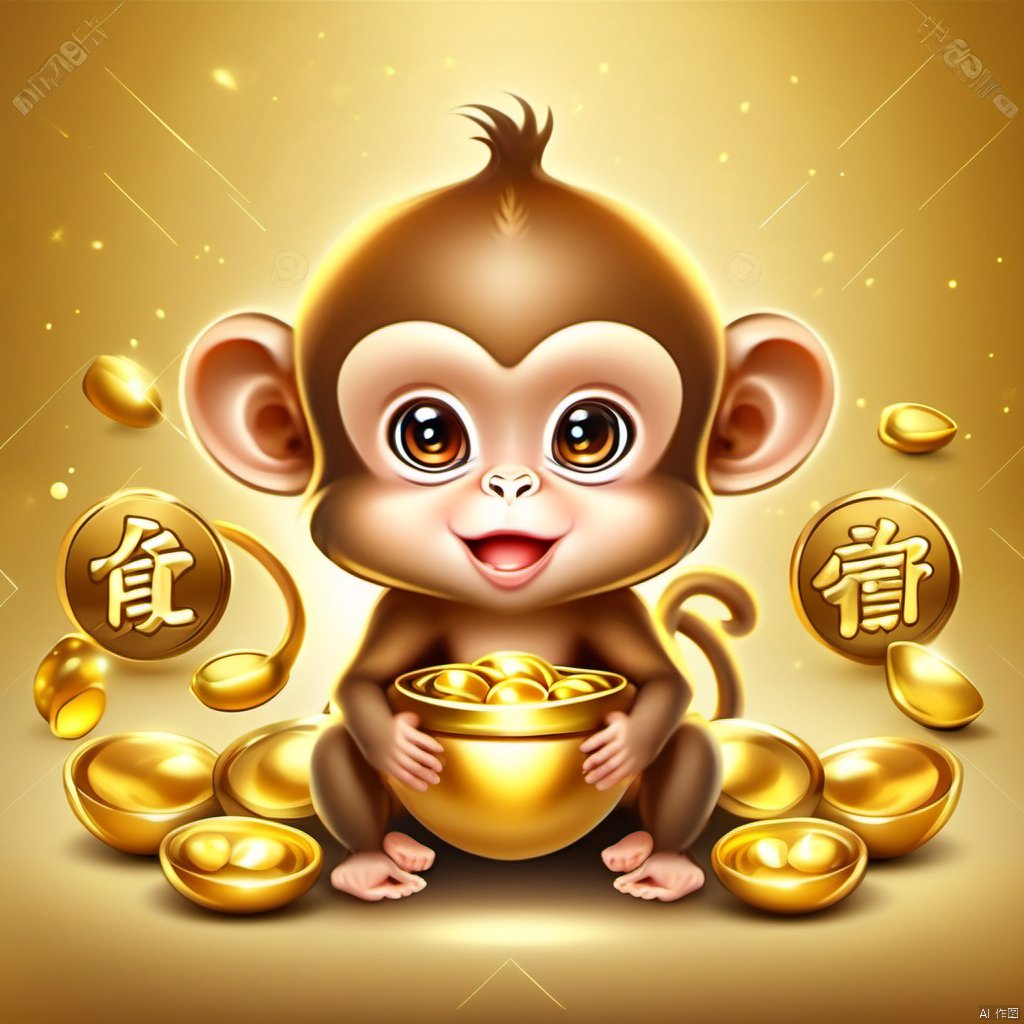 Cartoon version,  cute beckoning monkey baby,  zodiac by 新月照澄湾 on Tensor.Art