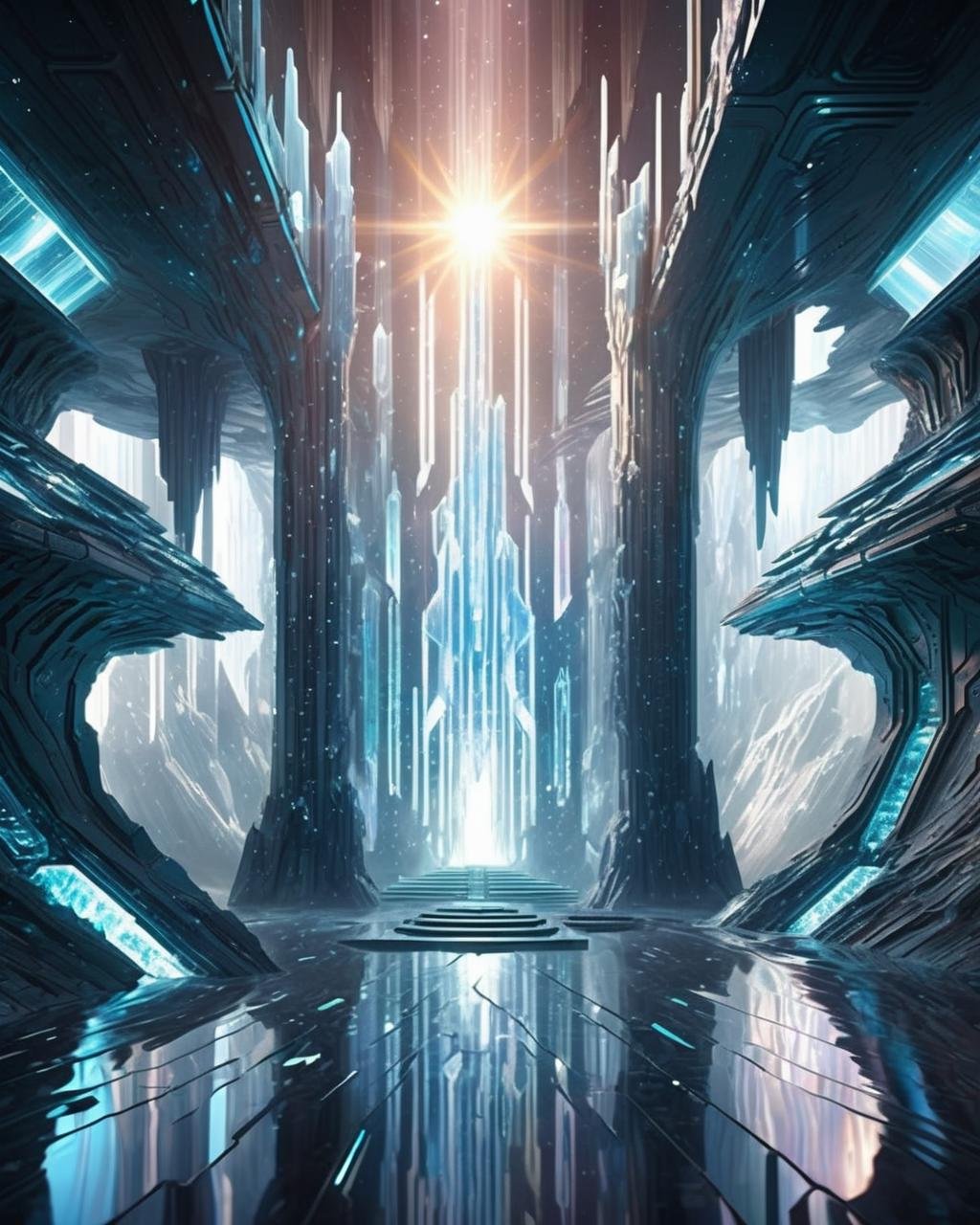 cinematic SCI-FI environment,  Stalactite-like crystals refract sunlight into prismatic patterns across a grand council chamber of an interstellar alliance. , cyber sci-fi , <lora:Sci-fi_Environments_sdxl:0.8> , photorealistic, movie 