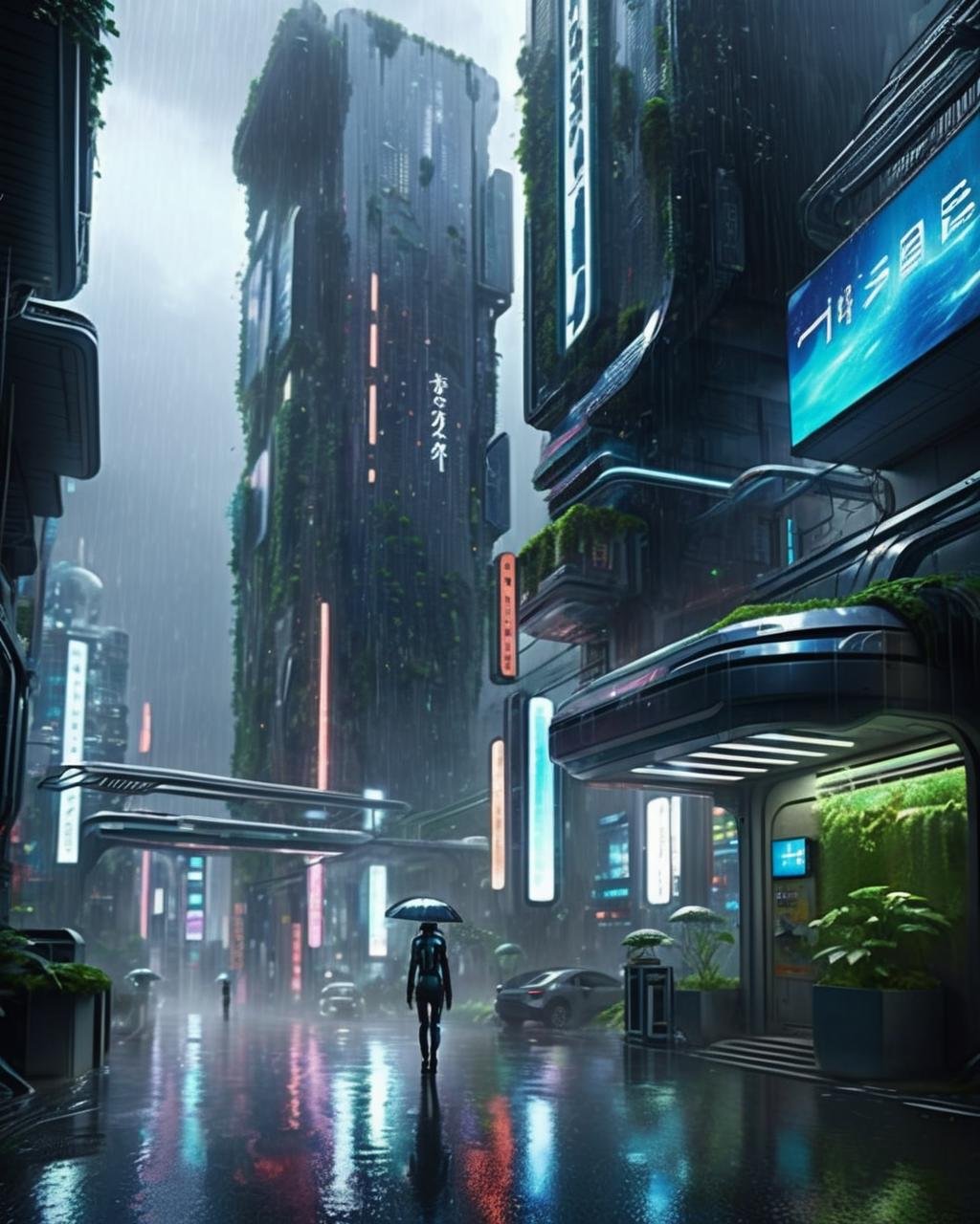 cinematic SCI-FI environment,  Rain-soaked streets of a futuristic Tokyo reveal holographic advertisements and soaring skyscrapers adorned with vertical gardens. , cyber sci-fi , <lora:Sci-fi_Environments_sdxl:0.8> , photorealistic, movie 