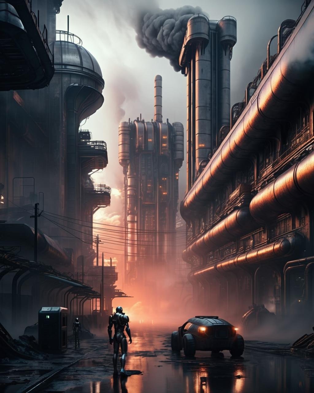 cinematic SCI-FI environment,  Steam billows from towering factories on a dystopian world, casting an eerie glow on metallic architecture and gloomy streets. , cyber sci-fi , <lora:Sci-fi_Environments_sdxl:0.8> , photorealistic, movie 