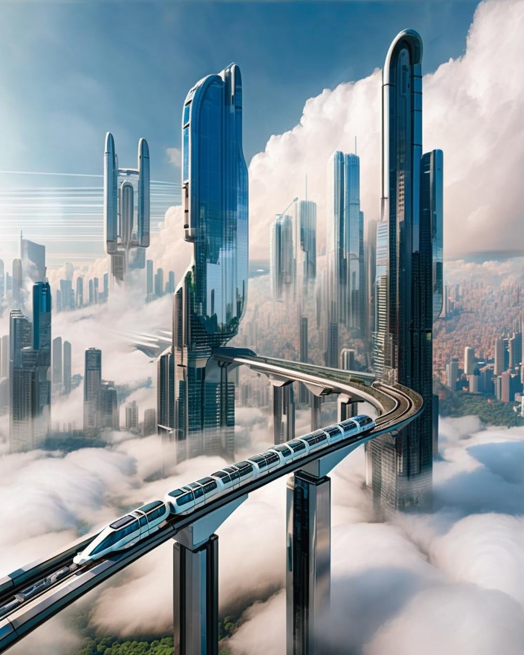 A monorail whizzes past transparent skyscrapers, revealing advanced transport systems amidst a city that hovers above the clouds.<lora:Sci-fi_Environments_sdxl:1.0>