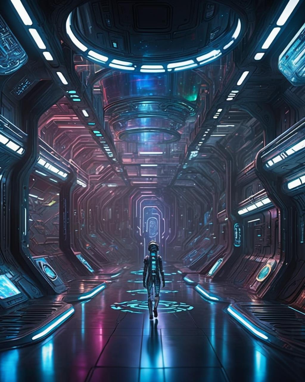 cinematic SCI-FI environment,  In a labyrinthine space station, gravity-defying walkways lead to chambers adorned with holographic art from across the galaxy. , cyber sci-fi , <lora:Sci-fi_Environments_sdxl:0.8> , photorealistic, movie 