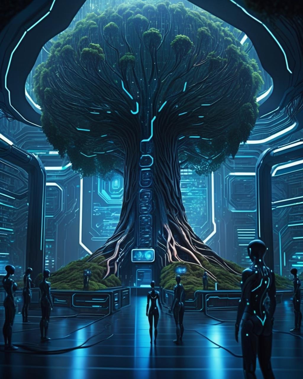 cinematic SCI-FI environment,  A colossal tree of interconnected servers forms the heart of a digital realm, where avatars navigate a cybernetic dreamscape. , cyber sci-fi , <lora:Sci-fi_Environments_sdxl:0.8> , photorealistic, movie 