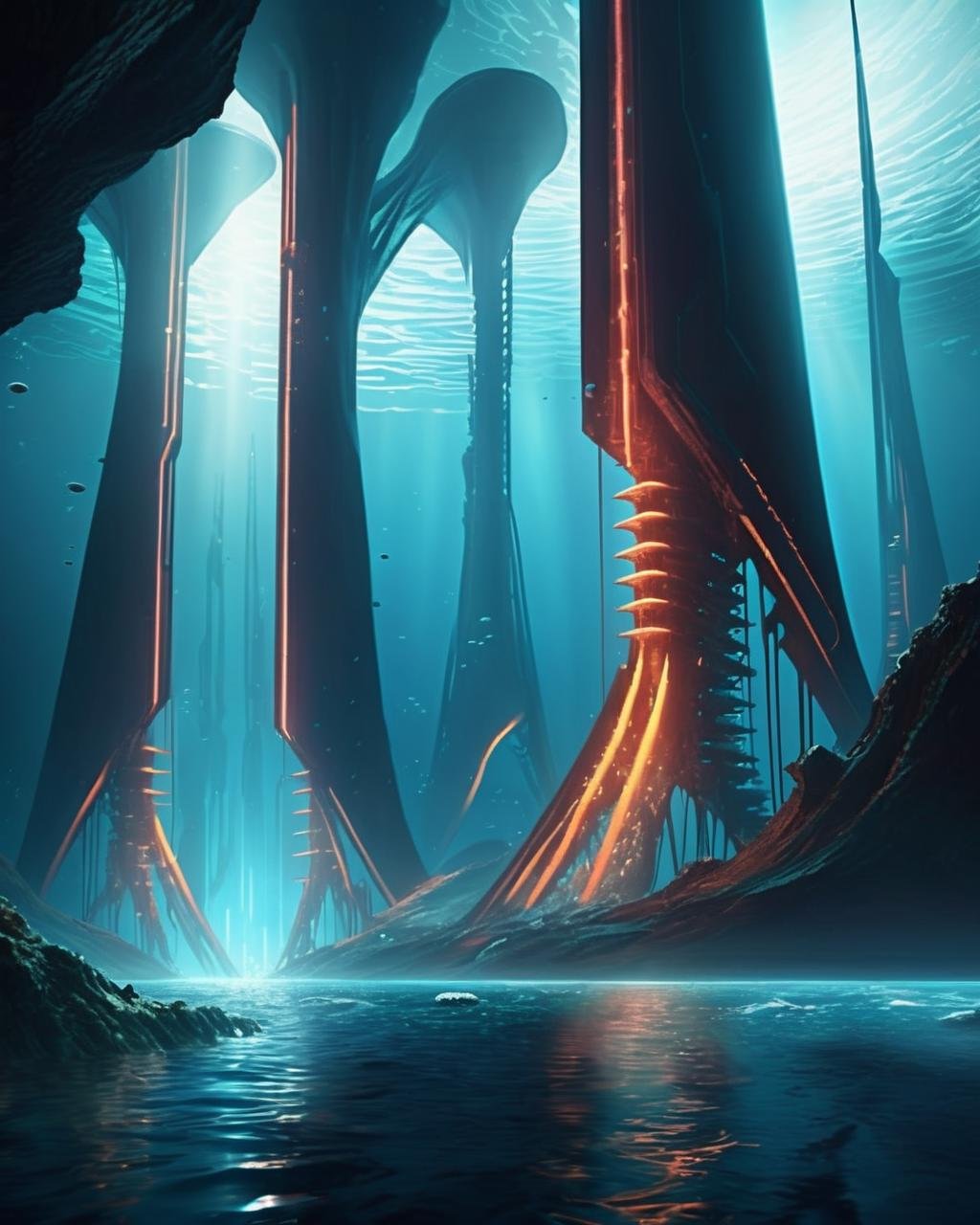 cinematic SCI-FI environment,  Vast energy spires rise from the ocean floor, converting deep-sea currents into a radiant energy source for an underwater society. , cyber sci-fi , <lora:Sci-fi_Environments_sdxl:0.8> , photorealistic, movie 