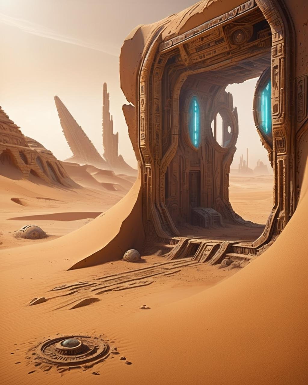 cinematic SCI-FI environment,  Ruins of an ancient alien civilization lie beneath the sands of a desert, with intricately carved relics hinting at their advanced technology. , cyber sci-fi , <lora:Sci-fi_Environments_sdxl:0.8> , photorealistic, movie 