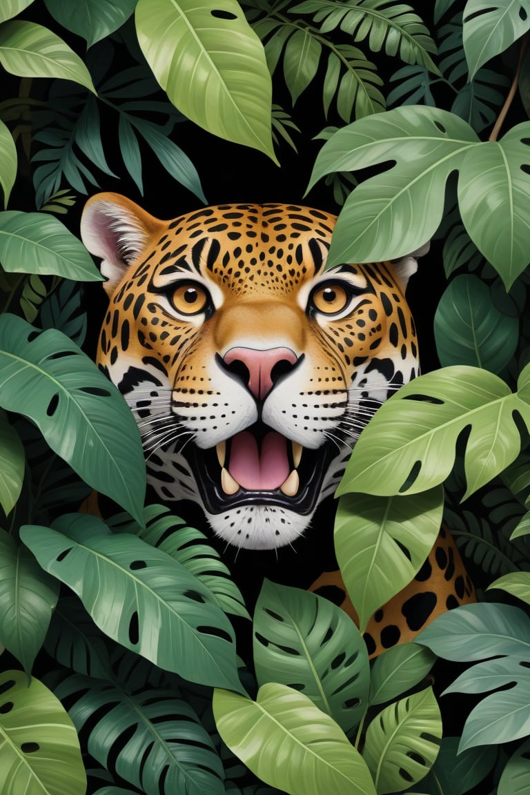 (Cinematic Photo:1.3) of (Ultra detailed:1.3) jaguar hiding behind the leaves in the rainforest, in the style of bloomsbury group, expressive character design, focus on joints/connections, leaf patterns, playful animation, shaped canvas, soft watercolours,Highly Detailed,<lora:659095807385103906:1.0>