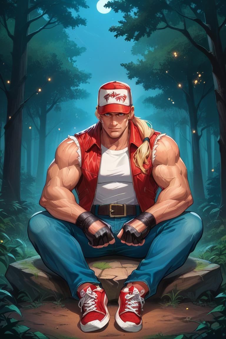 (source_anime, score_9, score_8_up, score_7_up:1), red trucker cap, red vest, white sleeveless t-shirt, blond ponytail, denim pants, red sneakers, belt, fingerless gloves, ((muscular male)), sitting, meditating, at night, forest, northern lights, starts,TerryBogard<lora:EMS-257709-EMS:0.600000>, <lora:EMS-248183-EMS:0.500000>, <lora:EMS-353415-EMS:1.000000>