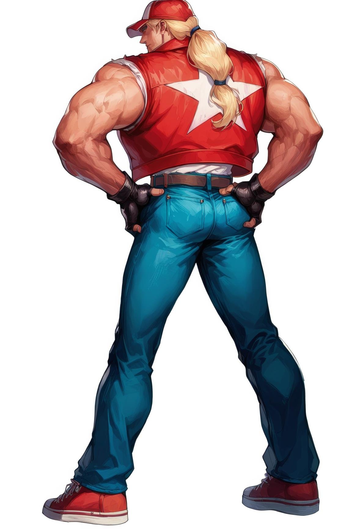 (source_anime, score_9, score_8_up, score_7_up:1), red trucker cap. red vest, white sleeveless t-shirt, blond ponytail, denim pants, red sneakers, belt, fingerless gloves, ((muscular male)), hands on hips, view from high, at Central Park, TerryBogard<lora:EMS-302893-EMS:0.800000>, <lora:EMS-353415-EMS:1.000000>