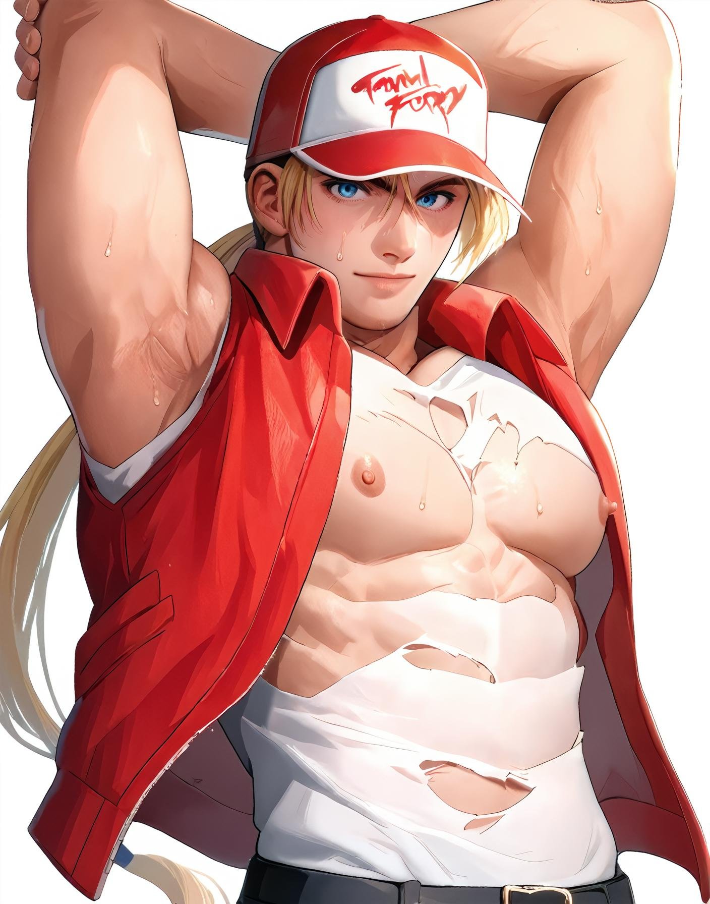 score_9, score_8_up, score_7_up, score_6_up, score_5_up, score_4_up, source_anime, 1boy, red trucker cap, red vest, white sleeveless t-shirt, ((blond hair, ponytail)), torn shirt, backlighting, backlit, hands up, stretching, topless male, large pectorals, looking at you, sweat, (big pecs:1.1),TerryBogard<lora:EMS-353415-EMS:1.000000>, <lora:EMS-302893-EMS:1.000000>