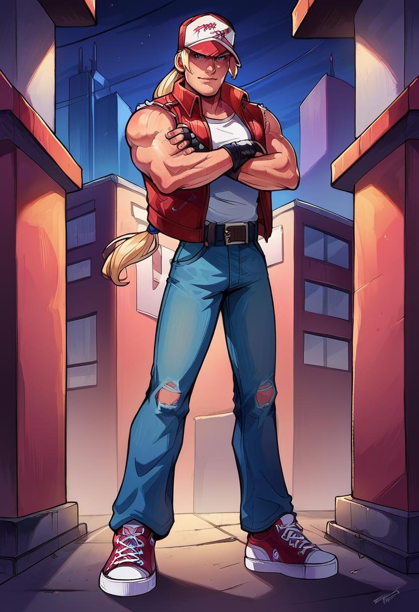 (source_anime, score_9, score_8_up, score_7_up:1), red trucker cap. red vest, white sleeveless t-shirt, blond ponytail, denim pants, red sneakers, belt, fingerless gloves, ((muscular male)), crossed arms, view from high, at the city night, TerryBogard<lora:EMS-353415-EMS:1.000000>, <lora:EMS-352323-EMS:0.400000>, <lora:EMS-248183-EMS:0.800000>